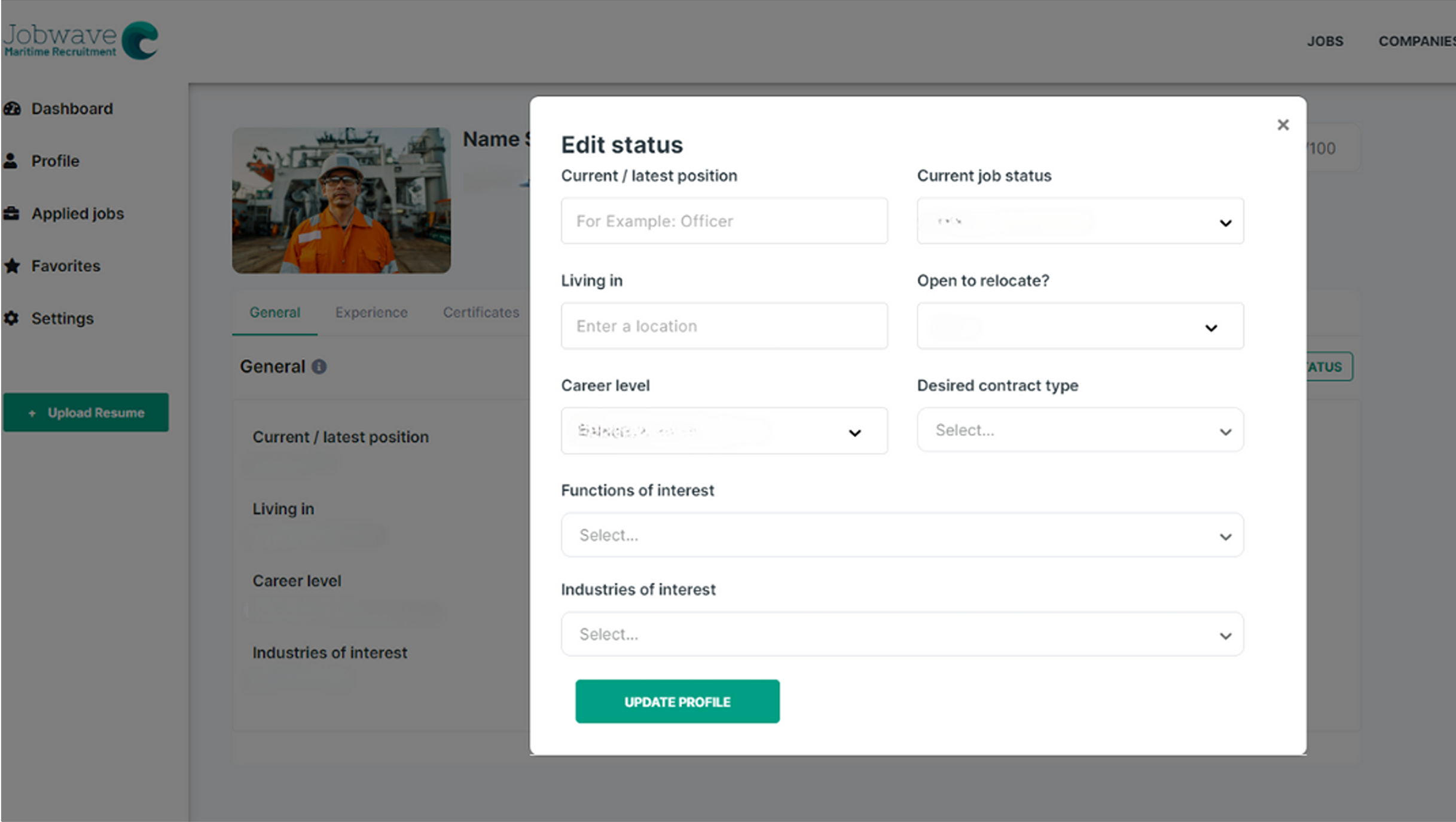 Maritime jobs JobWave start completing your profile